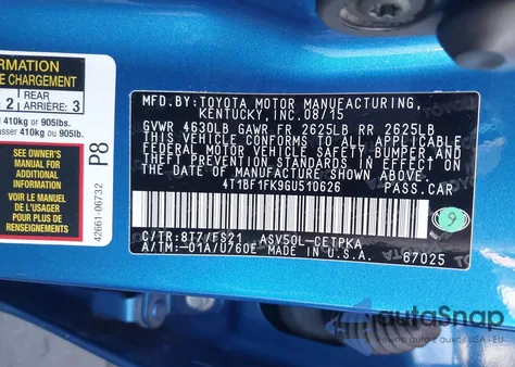 2016 Toyota Camry Se из США, поврежденный, VIN 4T1BF1FK9GU510626